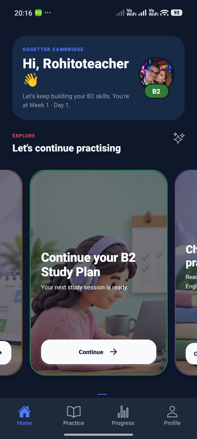 GoGetter Cambridge APP personalised preparation home screen